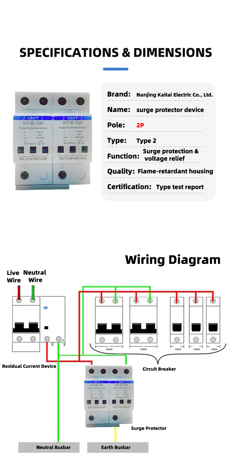 DC 1000V 2P Solar Surge Protector 50-100Ka – Home PV Lightning Device