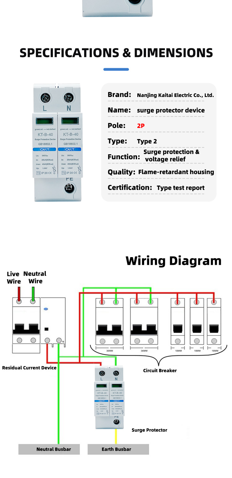 AC 385V 2P Home Surge Protector 20-40kA for Distribution Box